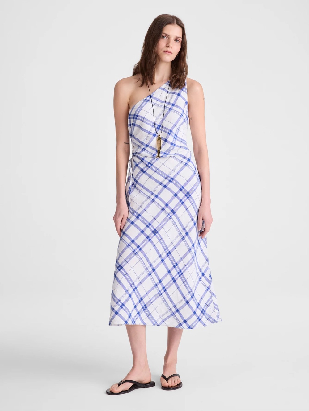 NWT Madewell size 4 100% linen ruched one shoulder midi dress